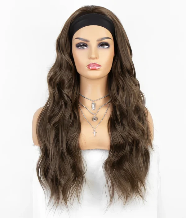 Perruque Longue Ondulée avec Bandeau - Brun Naturel
