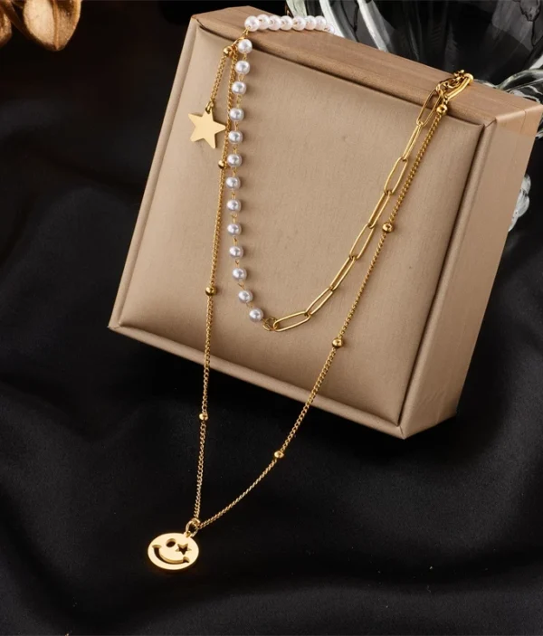 Collier Double Rang - Perles & Smiley Doré 🌟