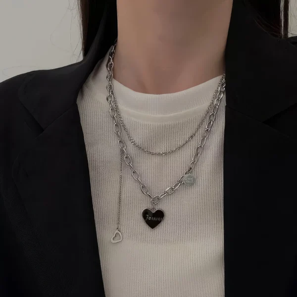 Collier Multi-Rangs Cœur - Gravure Forever 🖤