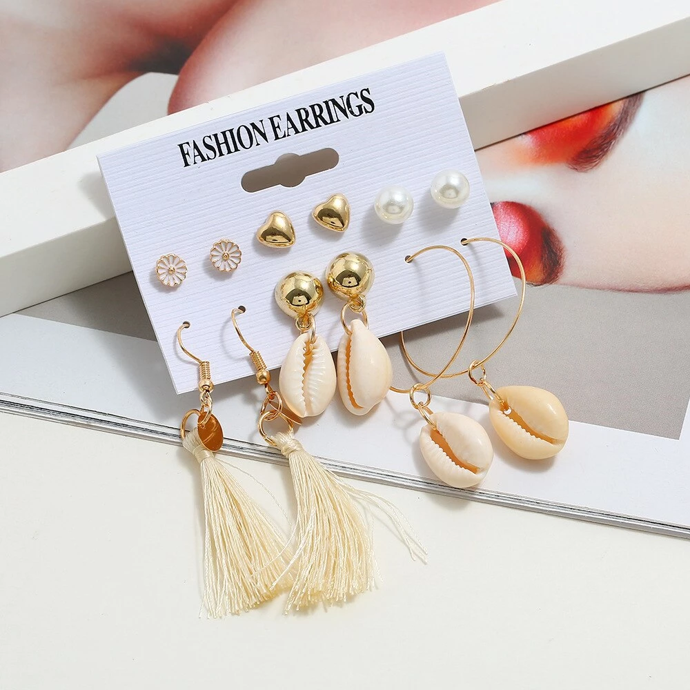 Set de Boucles d’Oreilles - Coquillages, Perles et Pompons