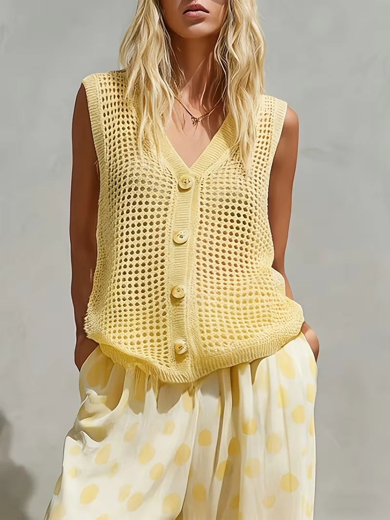 Gilet Sans Manches Femme en Maille Ajourée - Boutonné