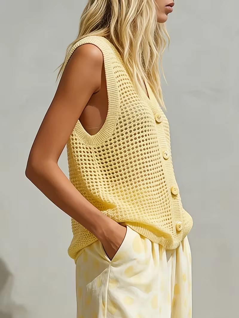 Gilet Sans Manches Femme en Maille Ajourée - Boutonné – Image 2