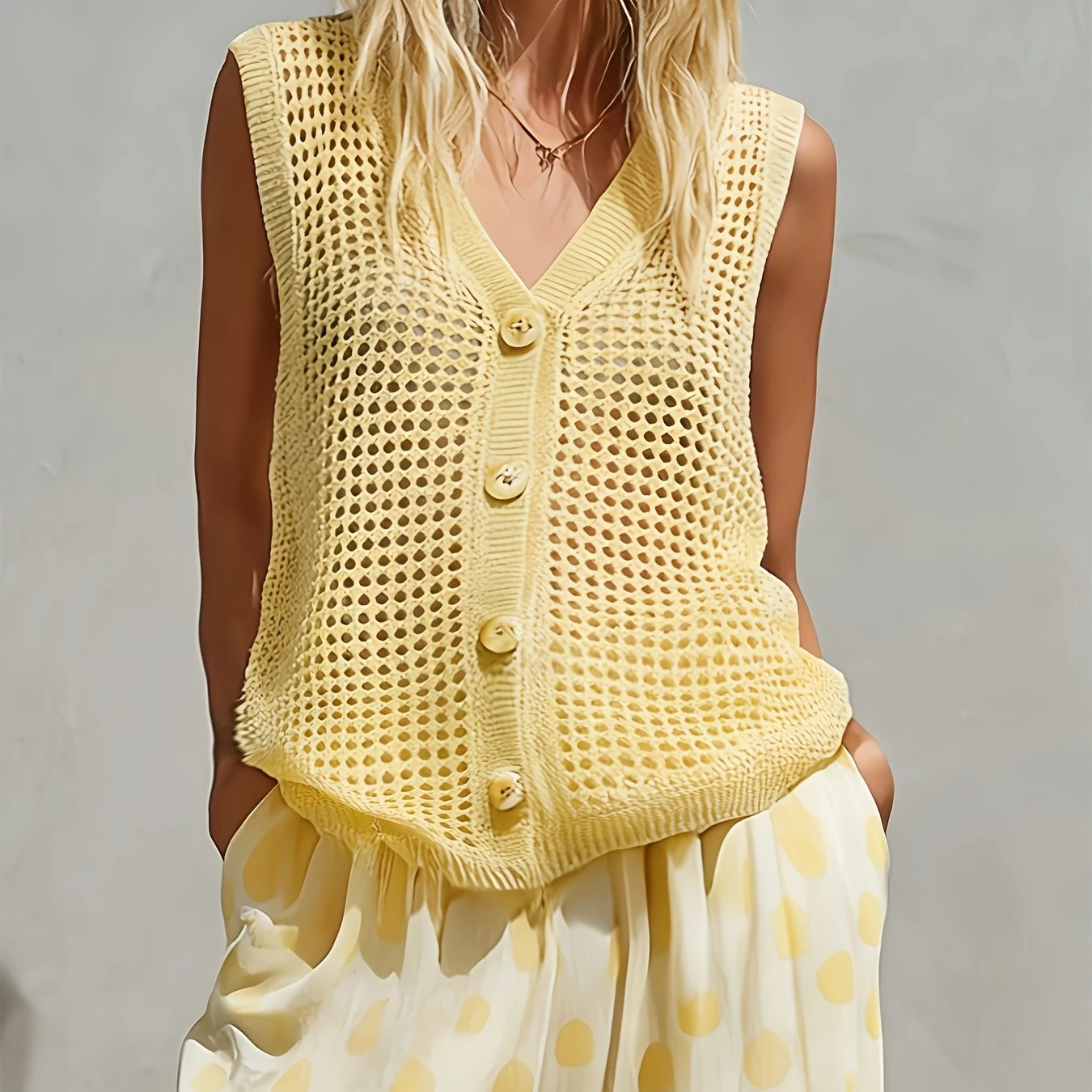Gilet Sans Manches Femme en Maille Ajourée - Boutonné – Image 3