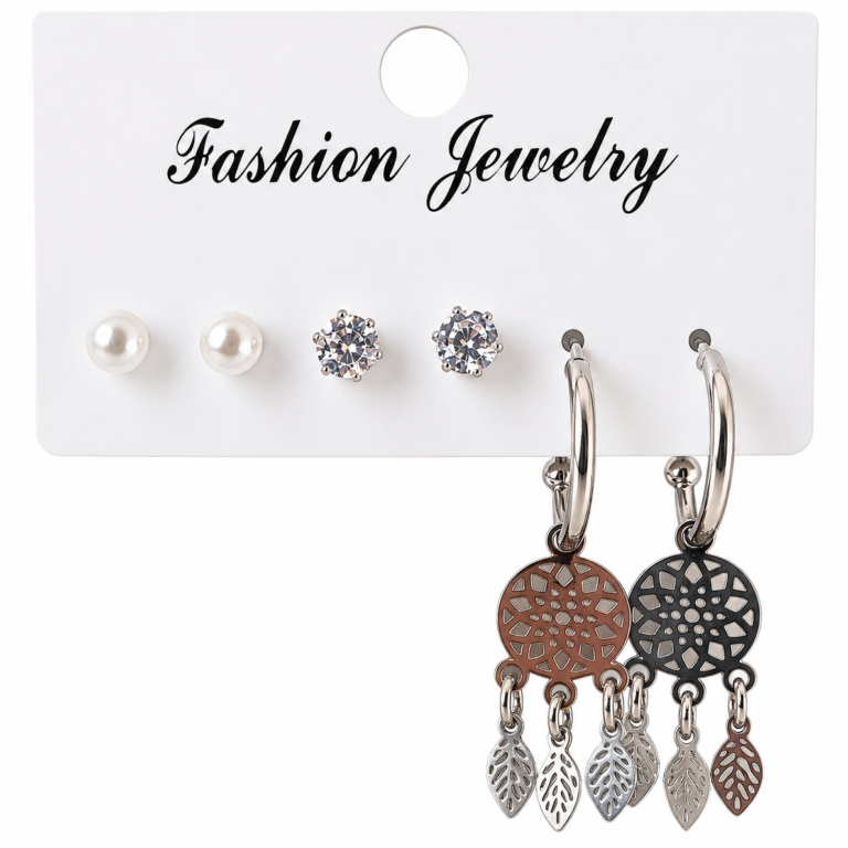 Boucles d’Oreilles 3 Paires - Perles, Strass & Pendants Feuilles